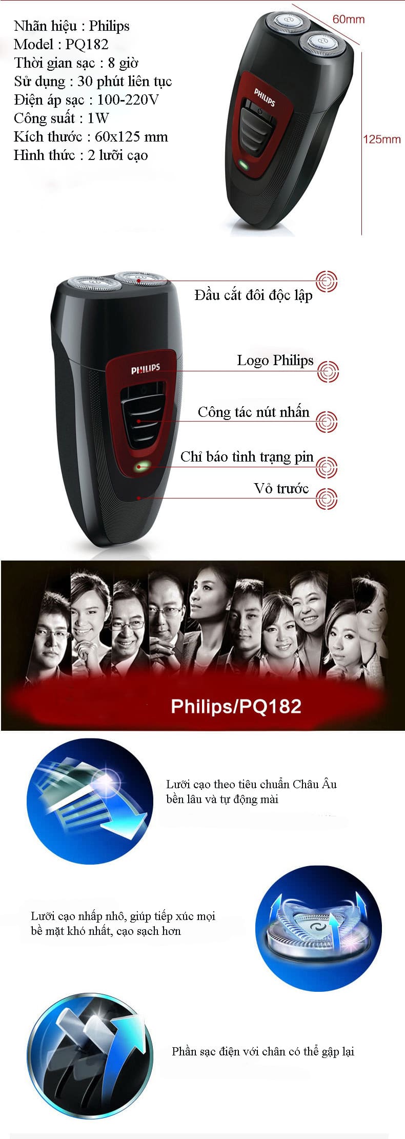 Dao cạo râu điện 2 lưỡi cao cấp Philips PQ182 6