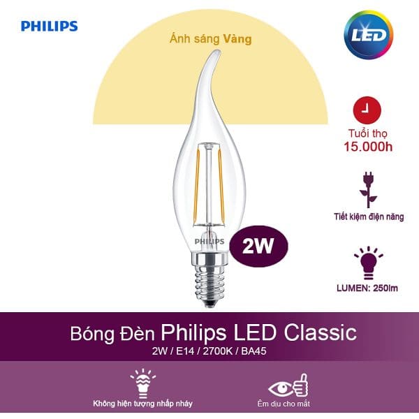 Bóng Đèn Philips LED Classic 2W 2700K E14 BA35 - Ánh Sáng Vàng 1