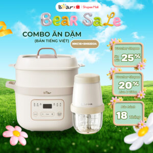 COMBO Ăn Dặm Bear Nồi Nấu Chậm SB-NNC16 Và Máy Xay Ăn Dặm Mini 0.3L Bear CH-5H02D24, BH 18 Tháng